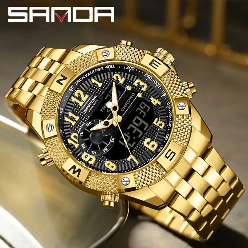 SANDA Top Men Quartz Watch Military Sport Waterproof Wristwatch LED Digital Clock Stainless Steel Quartz Watches Men Relogios