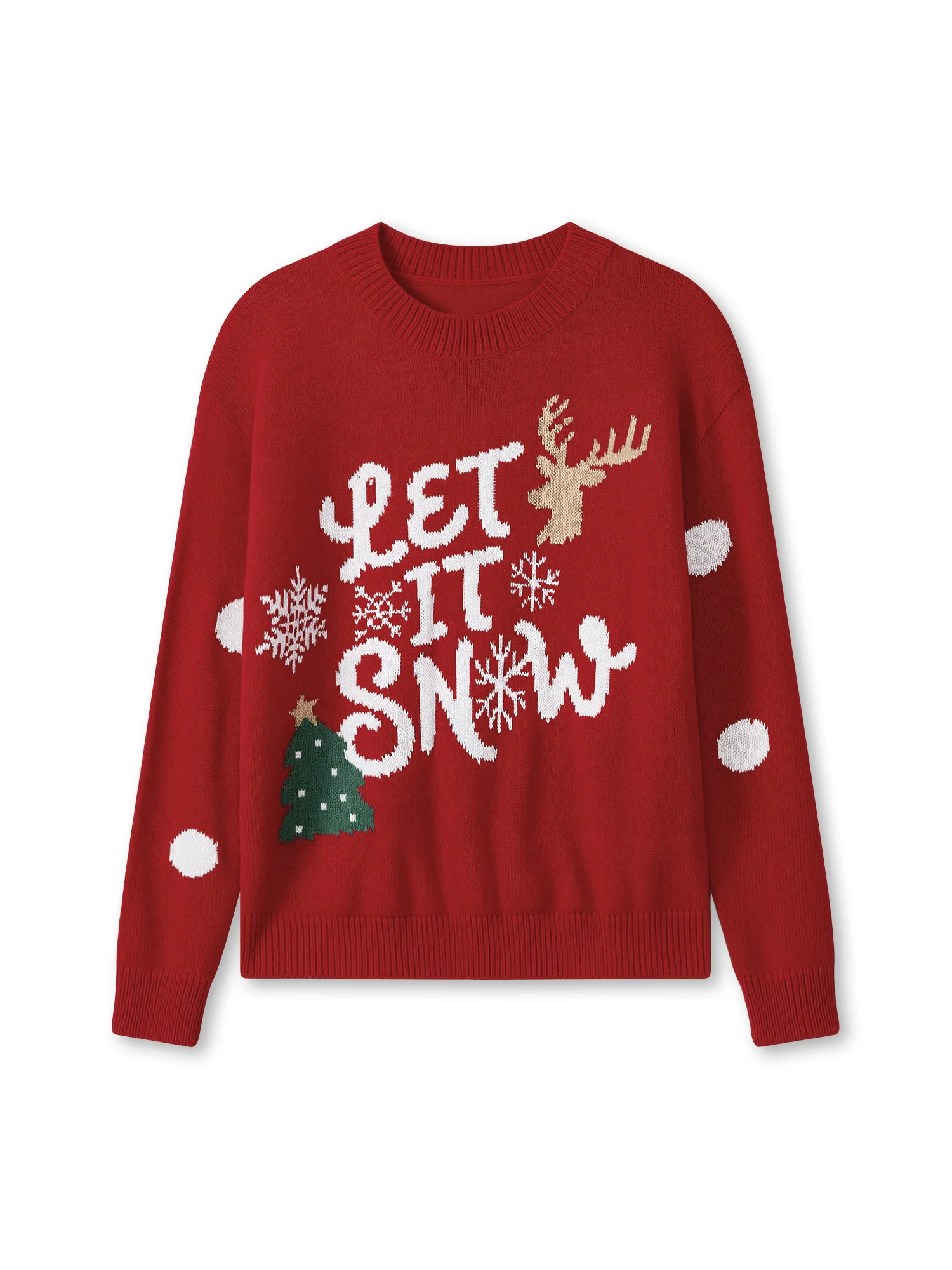 

Women s Festive Reindeer Snowflake Knit Sweater Long Sleeve Round Neck Christmas Tree Print Knitwear Pullover Top
