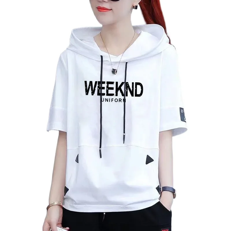 

Women's Casual Sports Hoodies, Short-Sleeved Hoodie, Stitching Clothes, Cotton, Summer, Korean Version, Loose