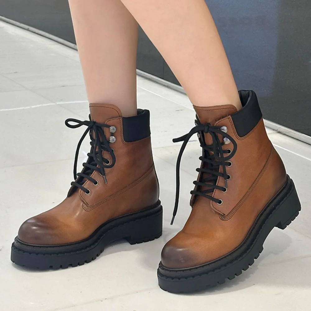 

NIGO Women's Autumn And Winter Brown Gradient Retro Fashion Simple Temperament Low-heeled Hitchhiking Mid-calf Boots #NGSH1212