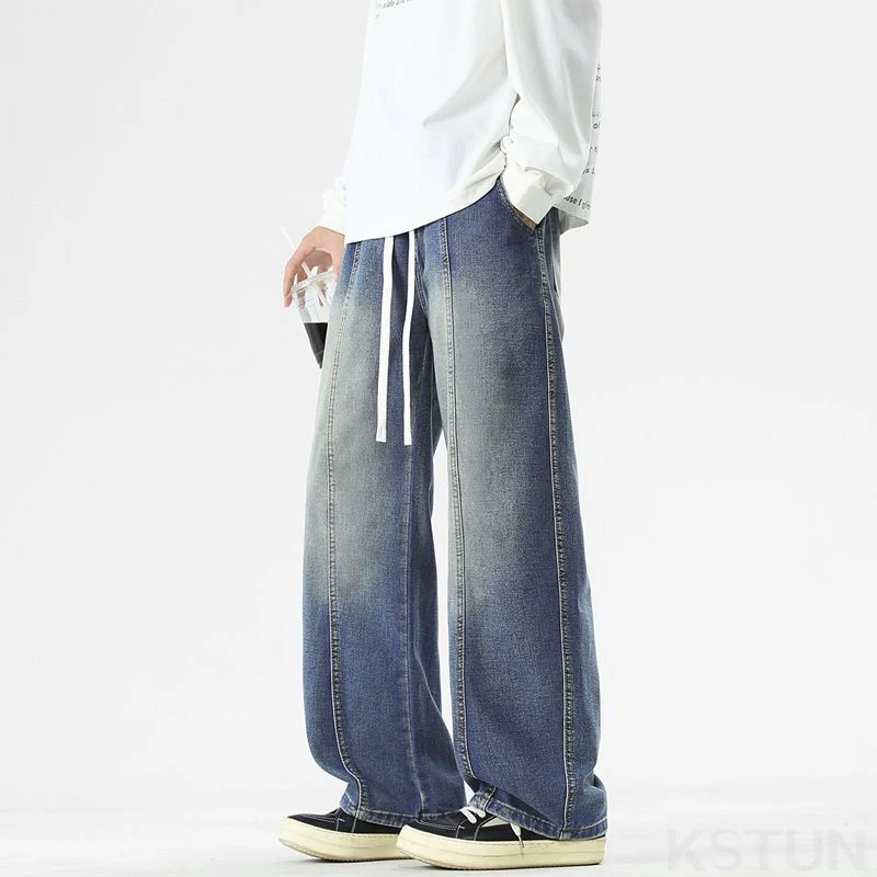KSTUN 2025 الخريف الجينز الأسود الرجال واسعة الساق السراويل الفضفاضة فضفاضة مستقيم المشارب المرقعة الرباط مطاطا واسط الرجال السراويل #3