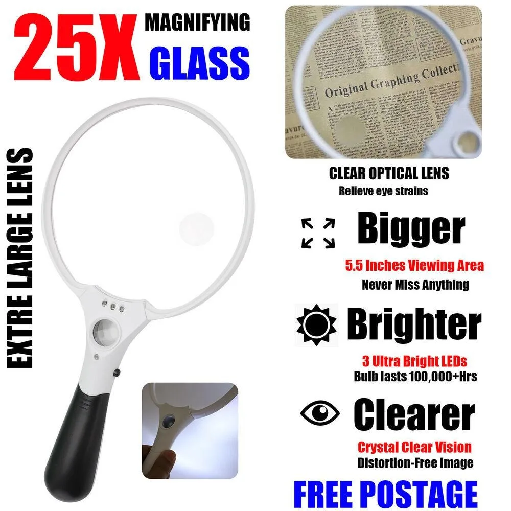 25X Extra Large Strong Magnifying Glass 3 Bright LED Zoom Hand Held Lightweight