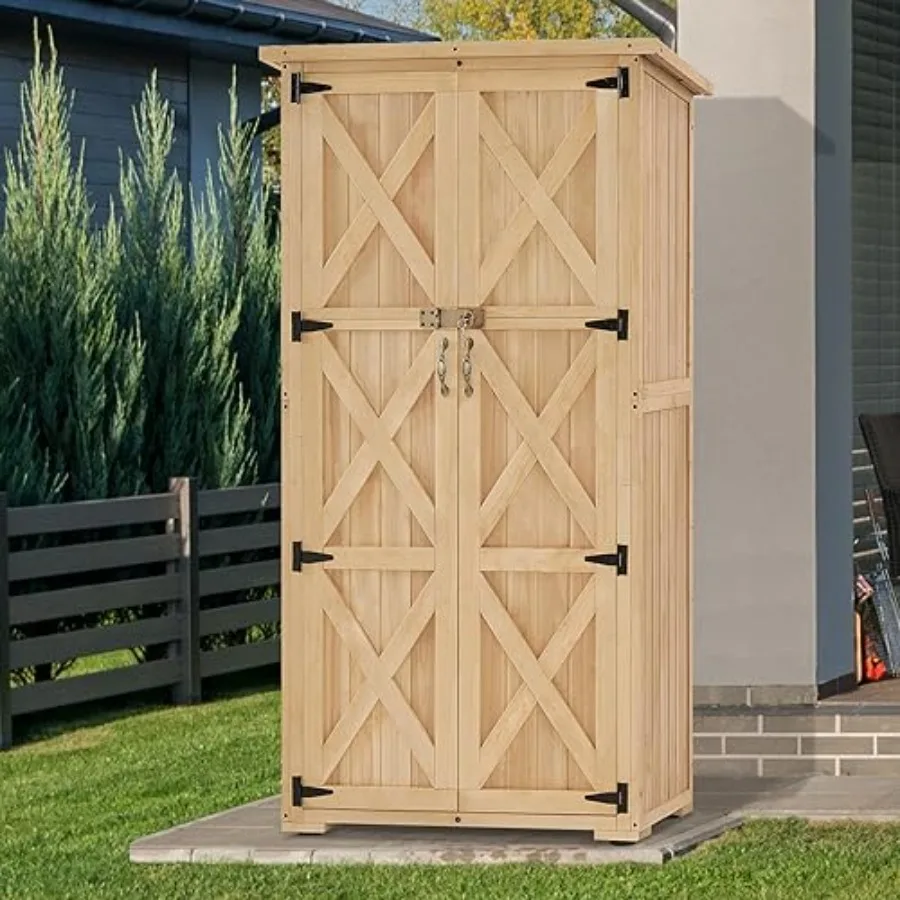 Outdoor storage cabinet for patio yard lawn use, made of wood, brown color, features lockable dual doors and weather-resistant