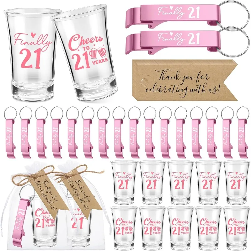 

96 Pcs 24 Sets 21st Birthday Party Favors for Guests Finally Cheers to 21 Acrylic Shot Glasses 21th Bottle Opener Keychain