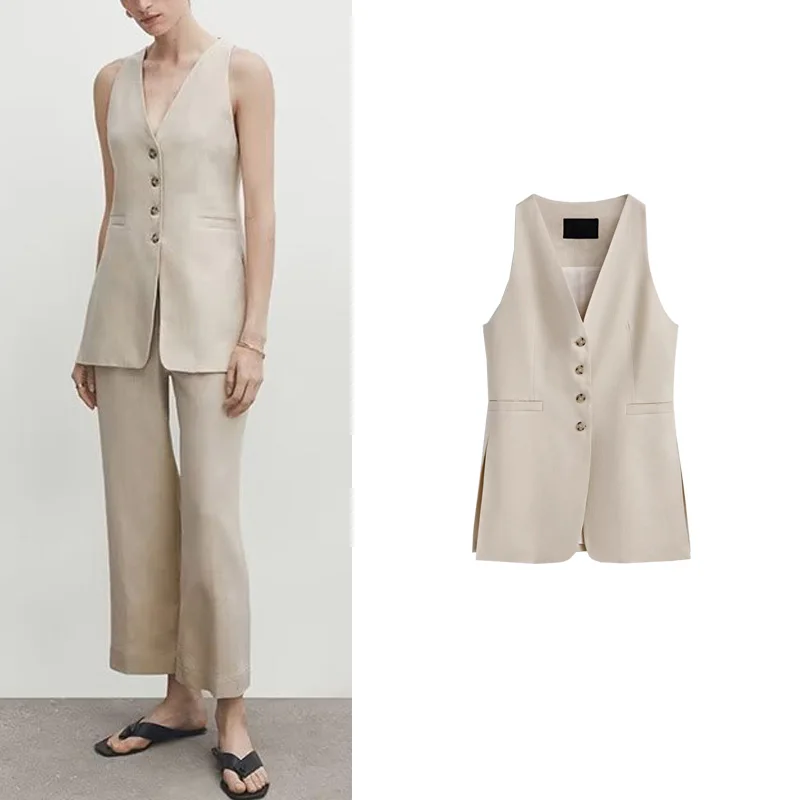 

Spring New Sle Comfortable Pure Suit Vest OL Commute Side Slit Outerwear Women's Faionable Button up V Ne Polyester Fiber