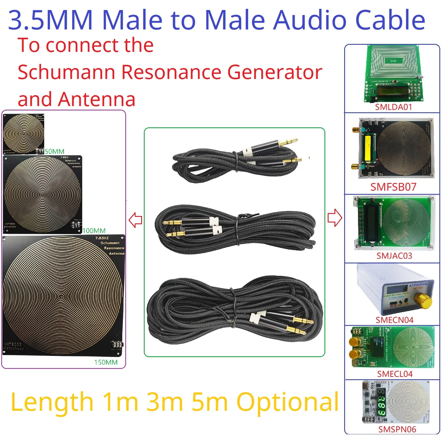 Schumann Resonance Signal Generator and Antenna 3.5MM Male to Male Aux Audio Cable Gold Plating Copper Core Wire For 7.83HZ