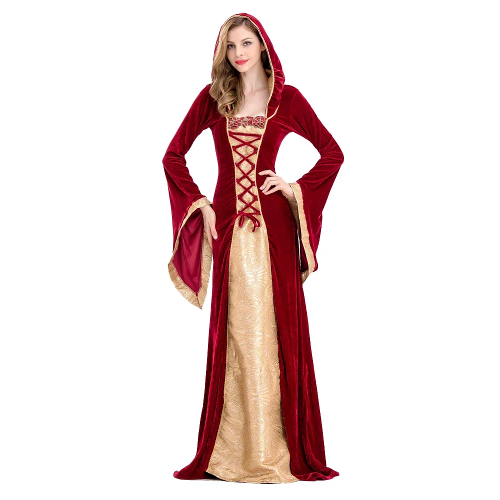 

Woman's Renaissance Victorian Medieval Gothic Long Dresses Halloween Cosplay Princess Queen Velvet Medieval Robe Hooded Gown