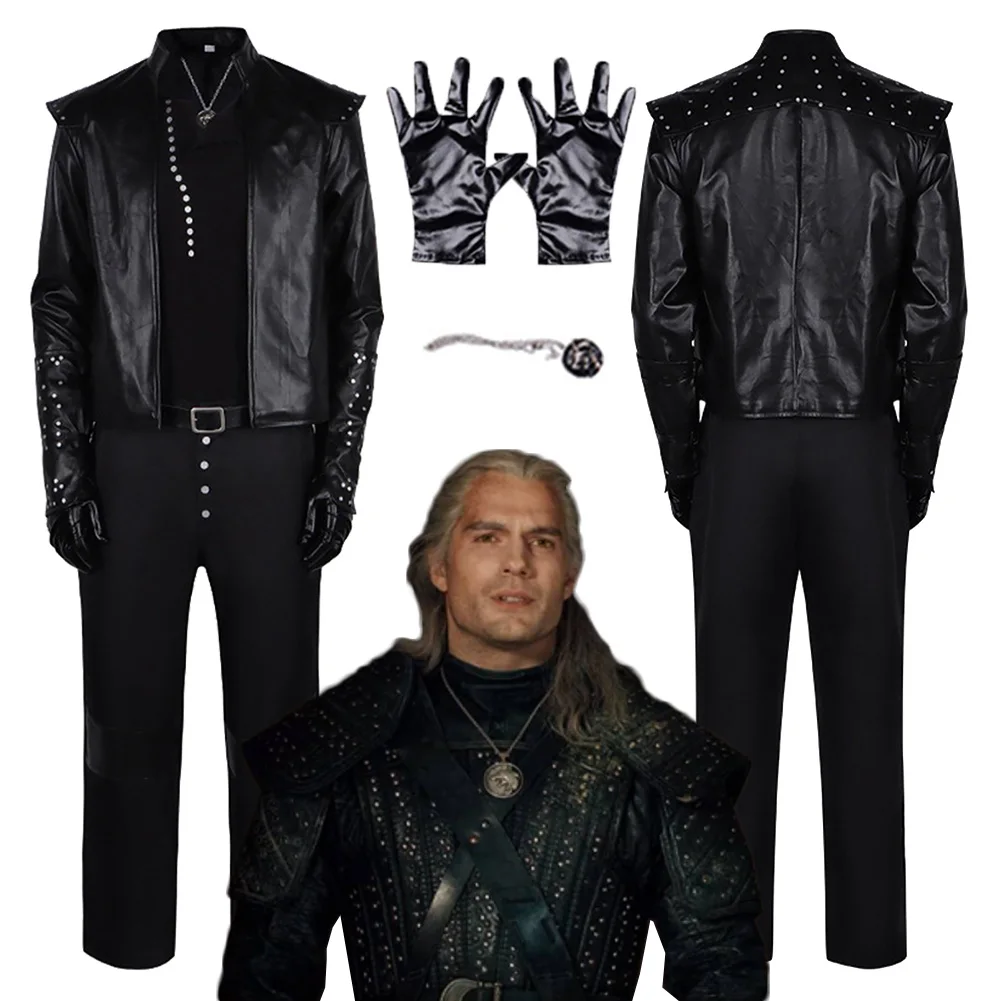 

TV Wizard 5 Geralt Cosplay Black Leather Costume Outfits Adult Men Coat Top Pants Gloves Necklace Suit Halloween Carnival Party