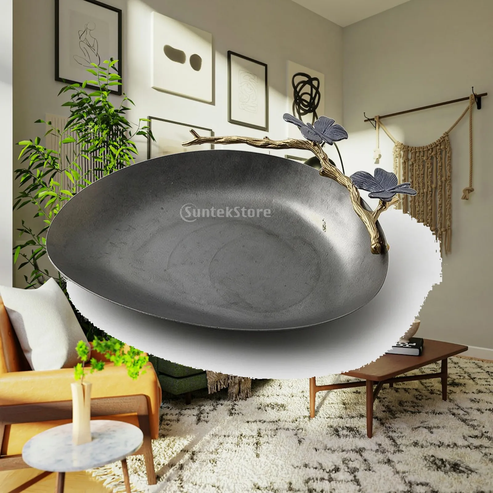 Tray with Branch Ornament Silver-Gray Stainless Steel Tray Brushed