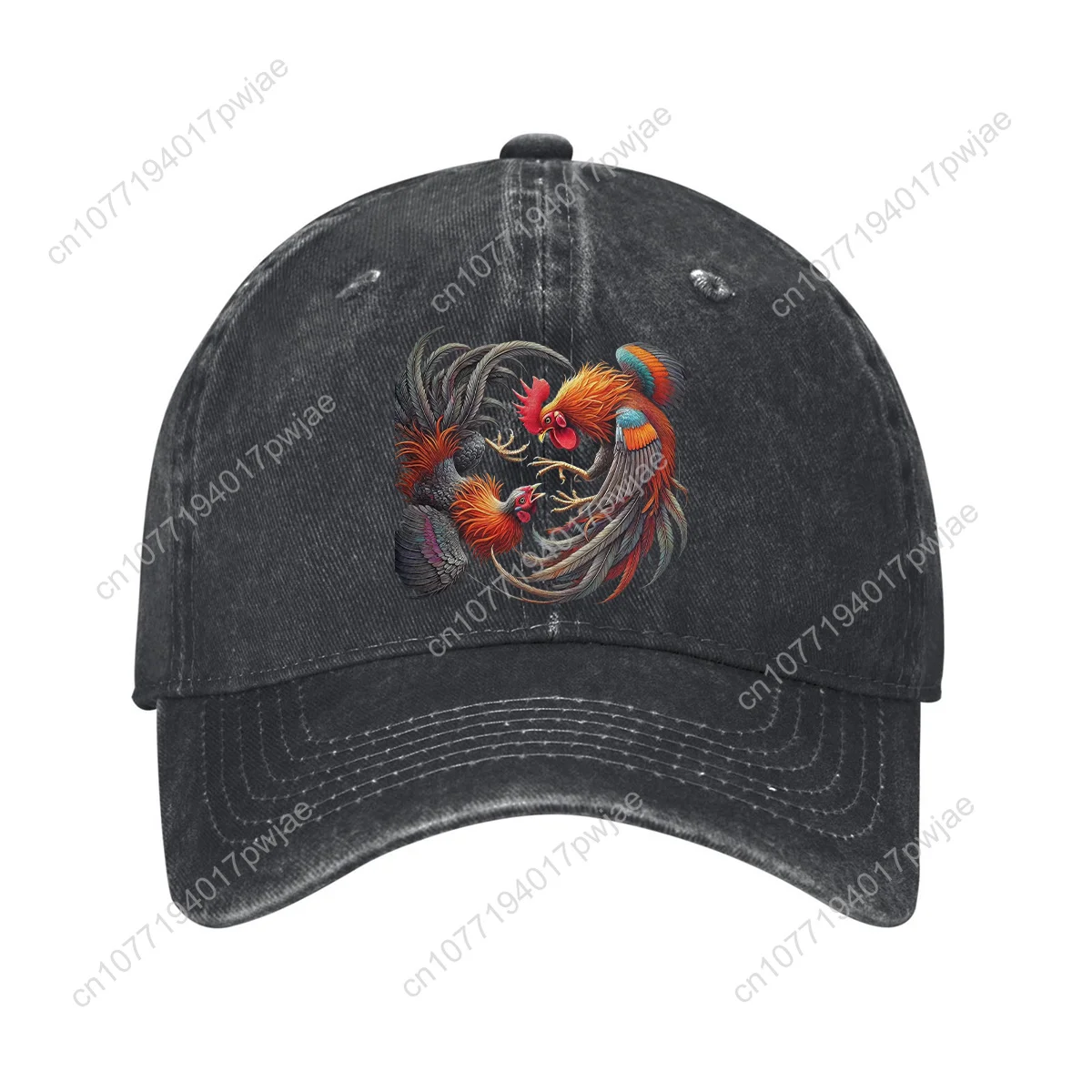 Adjustable Lightweight Cotton Denim Baseball Cap with Vibrant Rooster Fight Fantasy Print - Curved Brim Dad Hat for Outdoor, Men