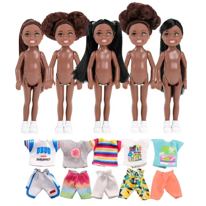 Kawaii 5 Items / Lot African Girls Black Doll 14cm Daughter Sister Body Shoes Clothes For Kids DIY Game Best Birthday Present