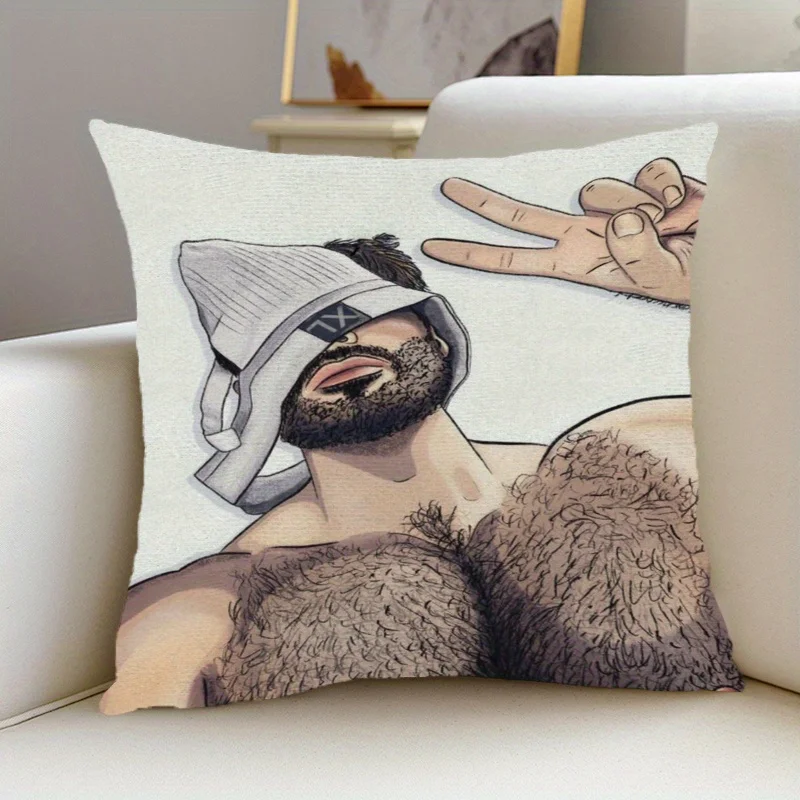1pc Cool Cartoon Man Pillow Cover, Polyester 2D Double-Sided Print, Bearded Figure & Peace Sign Design, Decor for Sofa & Couch,