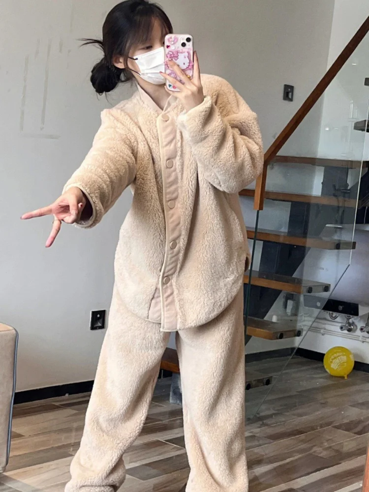 

Pajama Sets Women Winter Solid Thicken Fashion Casual Comfort Loose Warm Homewear Korean Style Ins All-match Students Popular