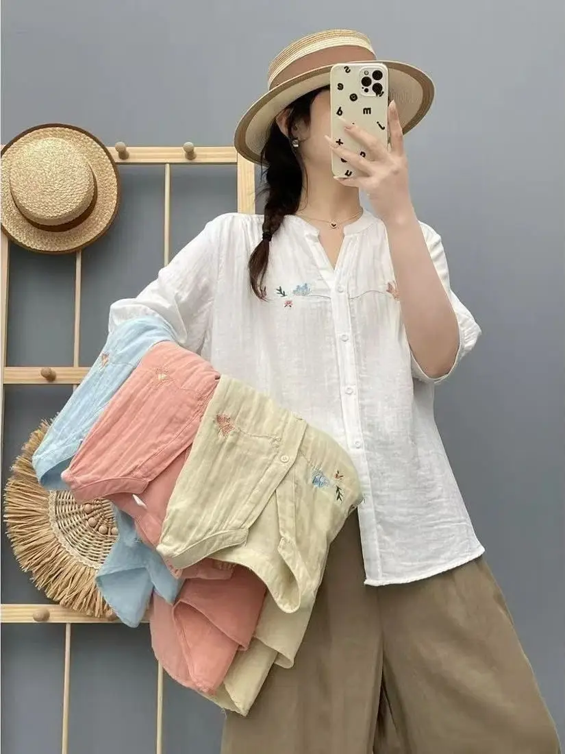 

Commute Sle Embroidered Collar Cotton Linen Loose ort Sve Women's irt Slimming Large Size Skin-friendly Top