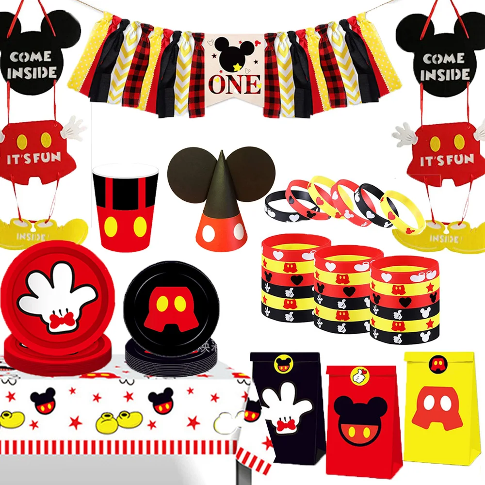 Décorations de fête d'anniversaire Mickey Mouse pour garçon, vaisselle jetable, assiette, serviette, tasse, nappe, vaisselle de noël, ensemble de dîner pour enfants