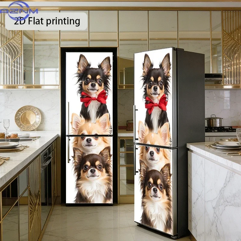 Refrigerator Sticker, Three Chihuahua Brothers Themed Design, Self-Adhesive Wall Decal Wallpaper, Suitable for Cabinets and Wa