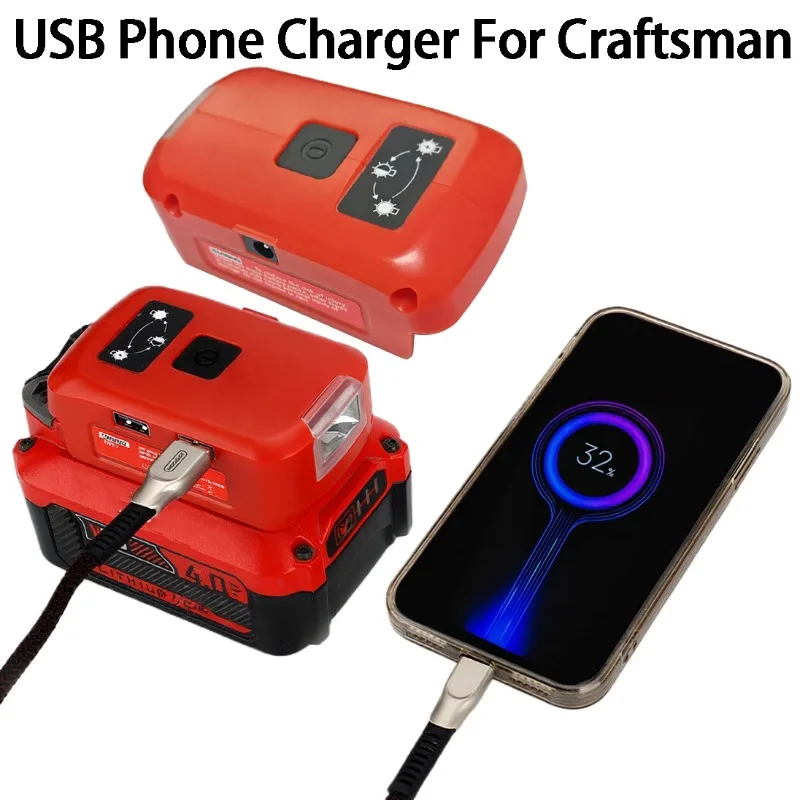 LED-Arbeitslicht, USB-Telefonladegerät, kompatibel mit Black Decker/Craftsman 20 V Lithium-Ionen-Akku, Dual-Port-Powerbank