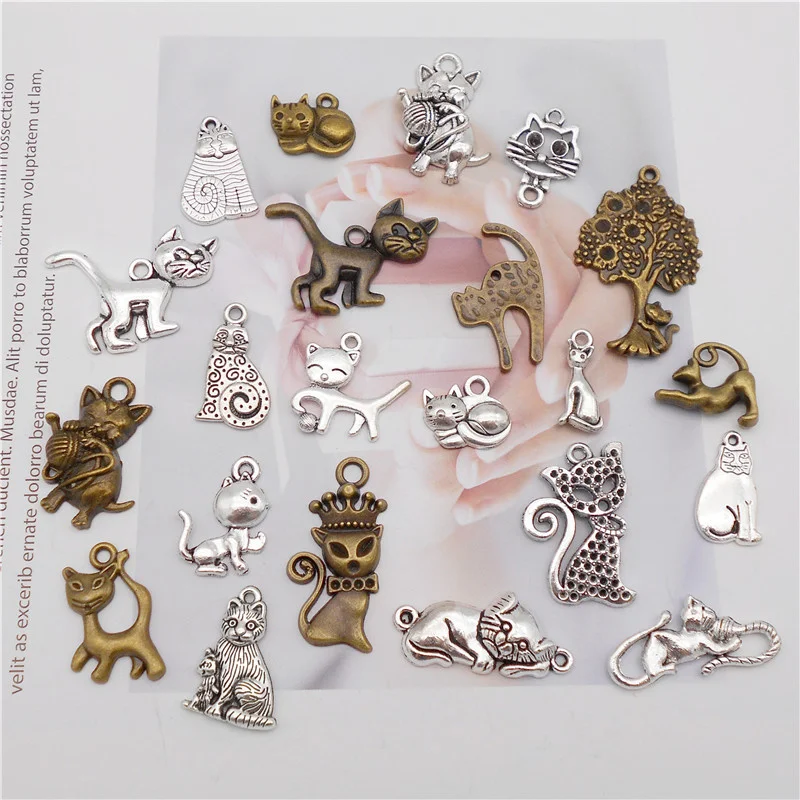 20PCS Mixed Alloy Cat Charms Vintage Animal Pet Cat Pendant Necklace Bracelet Jewelry DIY Funny Brooch Keychain Home Decor