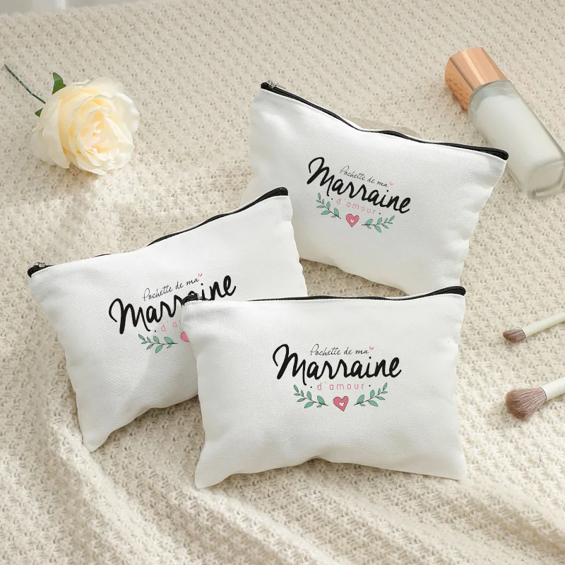 

Reusable French Godmother Canvas Zipper Bag, "Pochette de ma Marraine" Print Makeup & Stationery Pouch