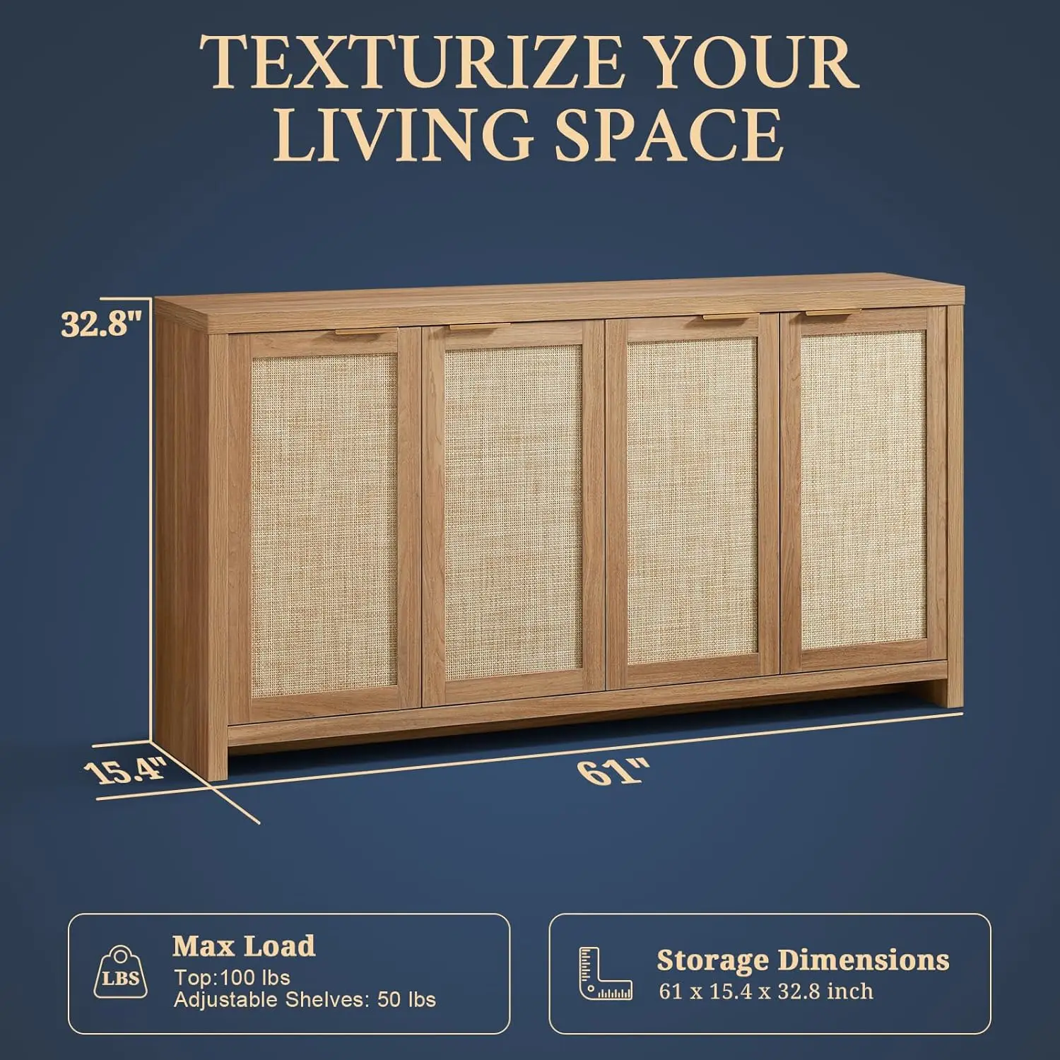 Hampstead Rattan 4-Door Storage Sideboard Cabinets With Adjustable Shelves, Boho Accent Buffet Cupboard Console For Kitchen,