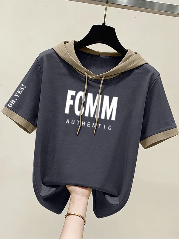 Summer 2026 Women's Loose Fit Cotton T-Shirt Short Sleeve Printed Patchwork Hoodie Breathable Comfortable Slimming Belly Cove...