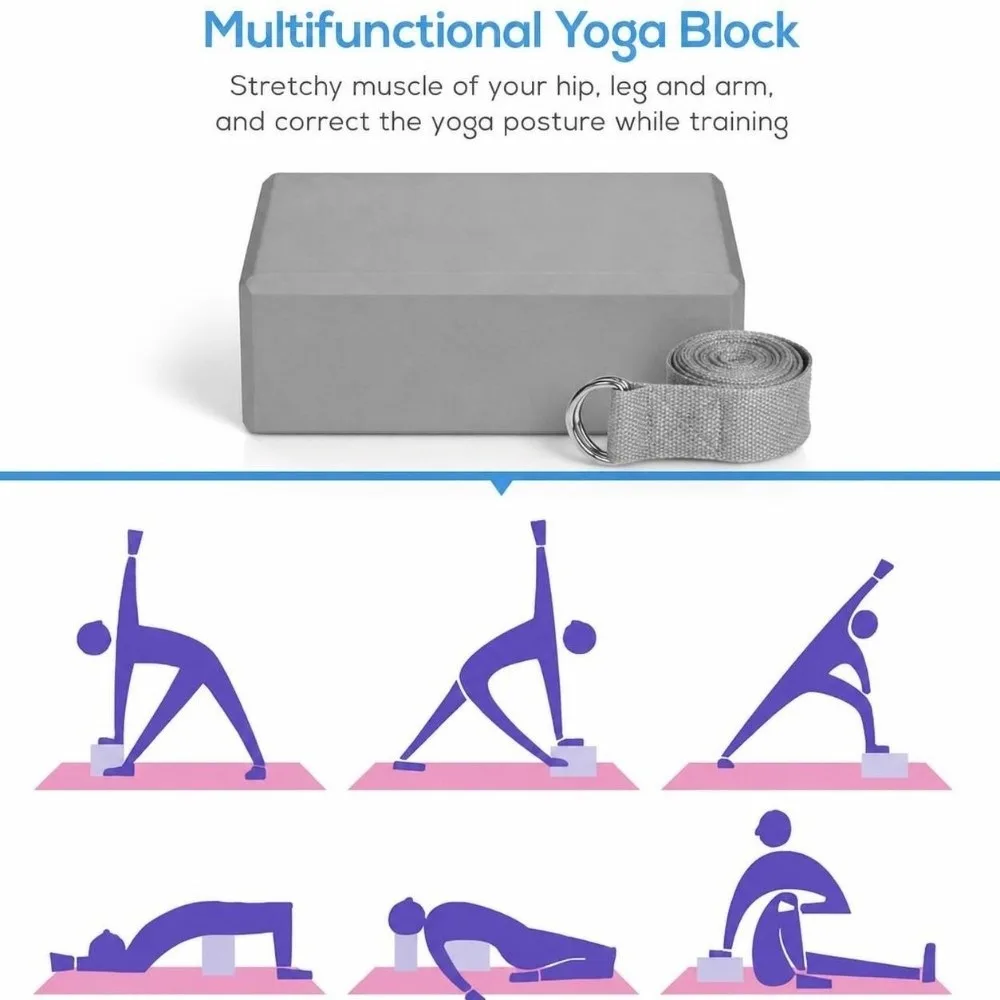 2Pcs Durable EVA Yoga Blocks Set Non Slip 9x6x3 Inches Yoga Block 2 Pack Grey Yoga Strap Set For Rehab Training