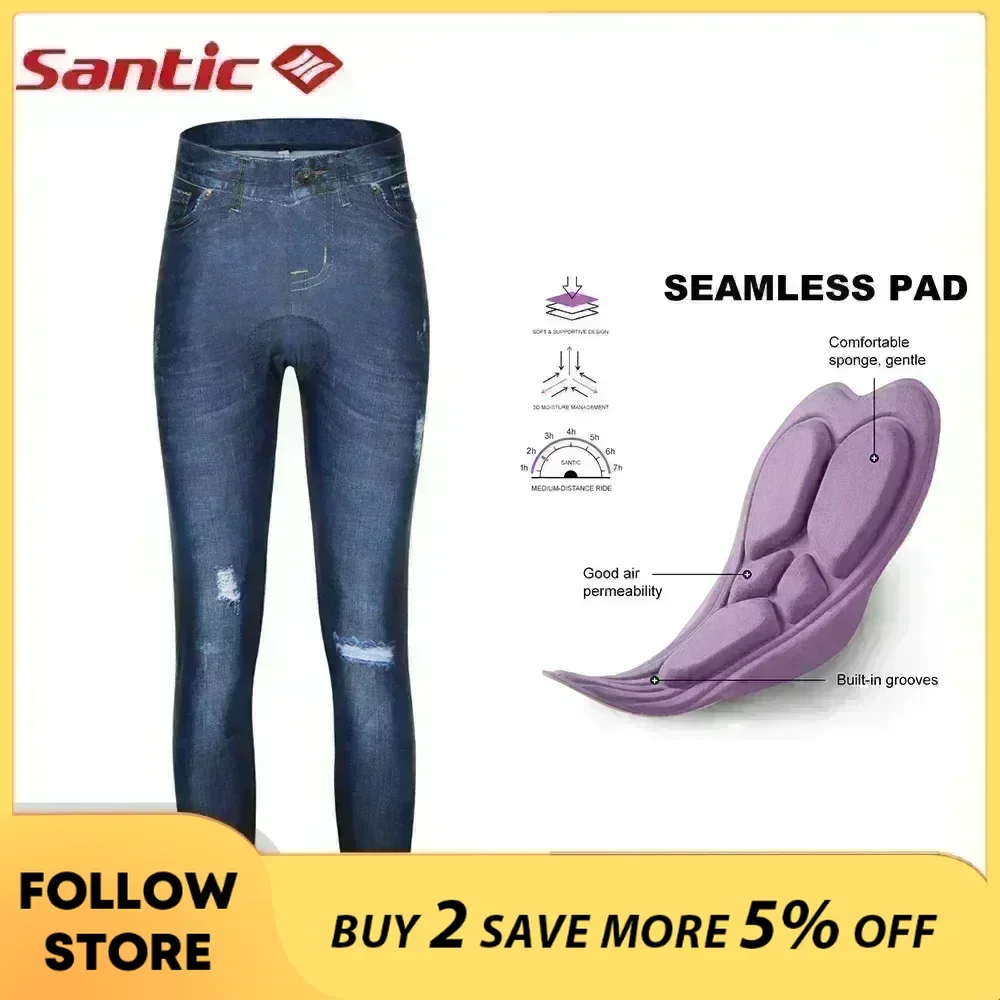 Santic ผู้หญิงกางเกงขี่จักรยานฤดูร้อน MTB จักรยานเบาะยาว Tights ยืดหยุ่นสูงเลียนแบบ DENIM จักรยานขี่กางเกงขายาวขนาดเอเชีย
