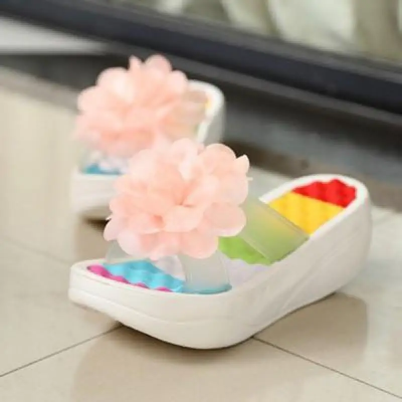 Open Toe Flowers Slippers Beach Sandals Women\'s Cool Wedges Heels Platform Slippers