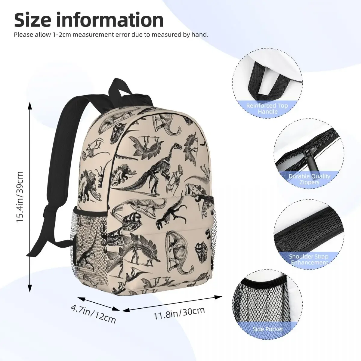 Museum Dinosaurs And Skeletons Black And Cream Backpacks Teenager Bookbag Students School Bags Laptop Rucksack Shoulder Bag