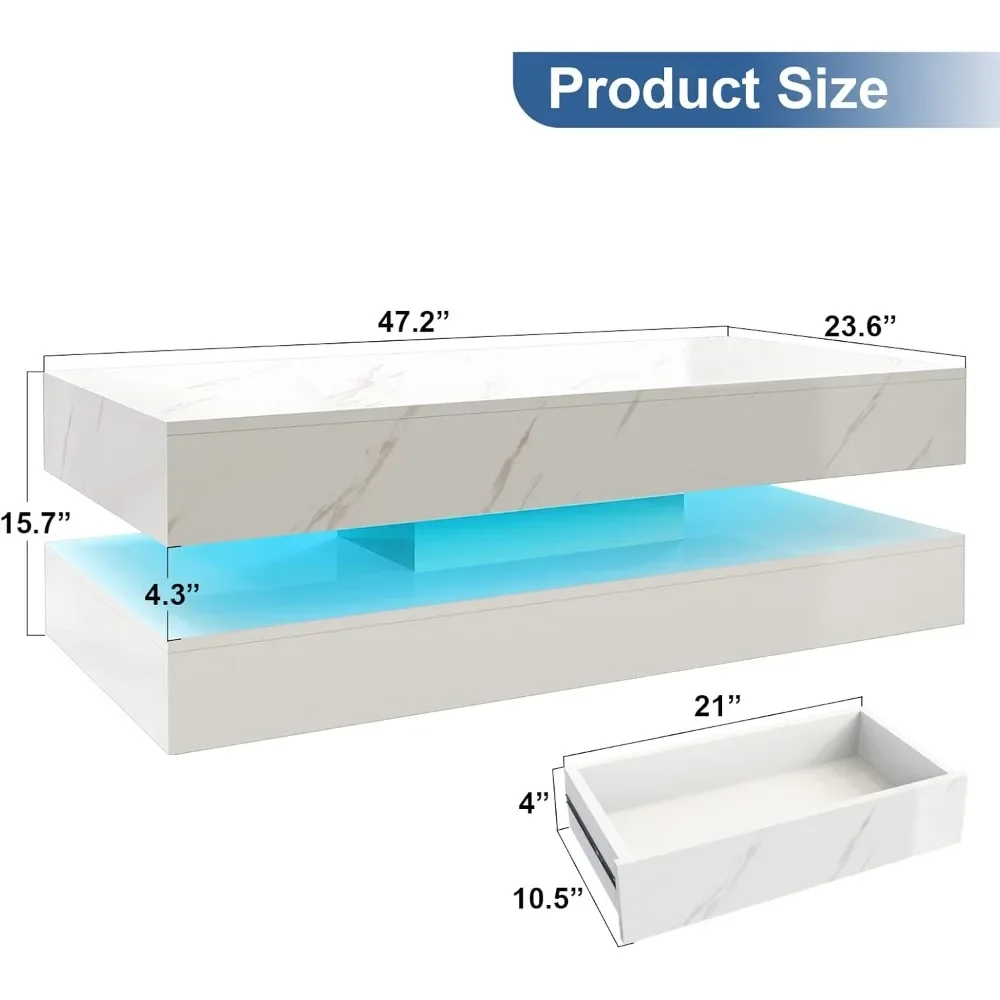 LED-Couchtisch mit 2 Schubladen, moderner Hochglanzweißer Couchtisch mit LED-Leuchten in 20 Farben, 2-stufige rechteckige Mitte