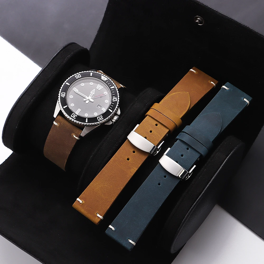 18/19/20/21/22/24mm Genähtes Rindslederarmband für Omega für Armbanduhren für Seiko Vintage Leder Uhrenarmband Schmetterlingsverschluss