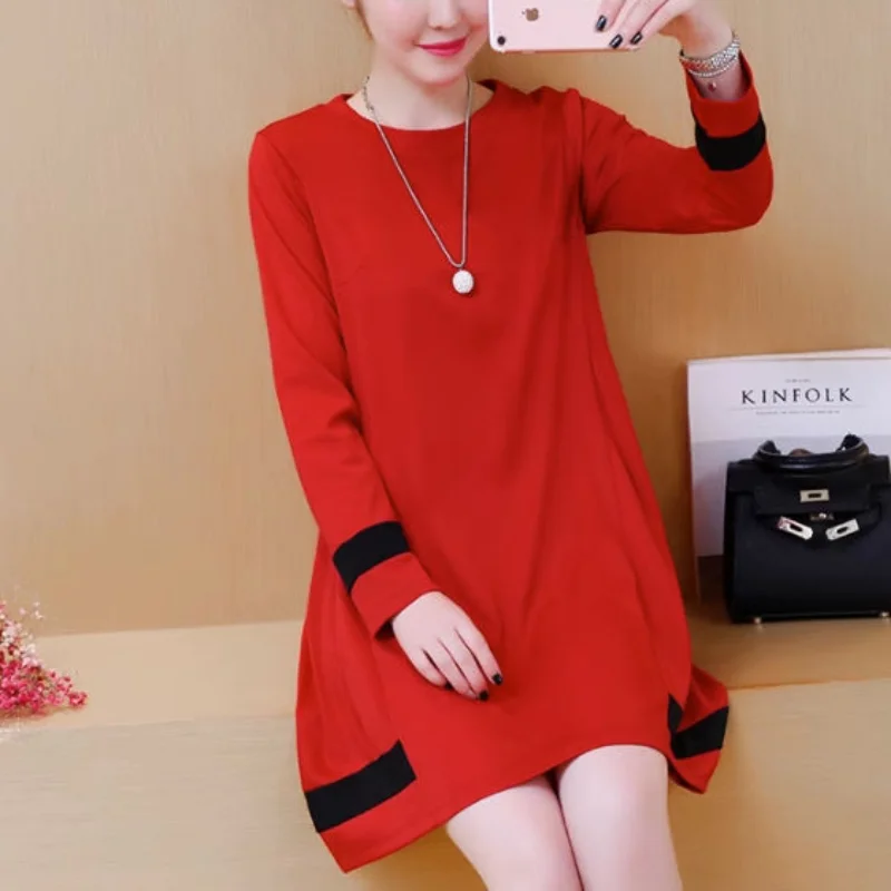 Women Autumn Winter Korean New O-Neck Plus Size Dress Solid Printed Spliced Loose Look Thinner Midi Length Long Sleeve Dress