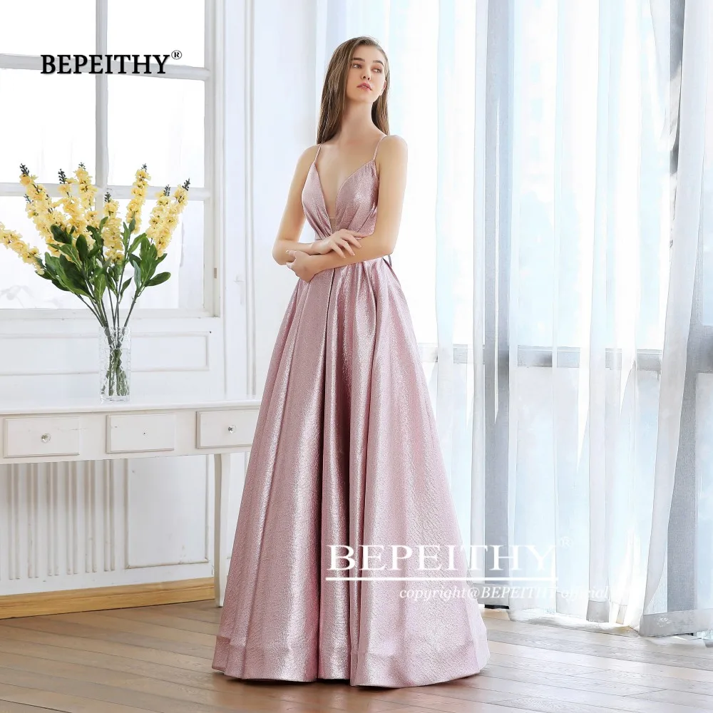 BEPEITHY-vestido de noche rosa con purpurina para mujer, elegante, Sexy, cruzado en la espalda, brillante, para cócteles, línea A, graduación, 2023