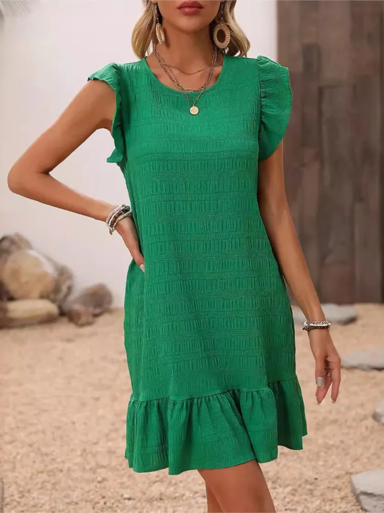 Summer Women O-neck Fashion Pleated Beach Sundress Dress Ruffle Sleeve Sweetheart Mini Dress Elegant Green Dresses For Women