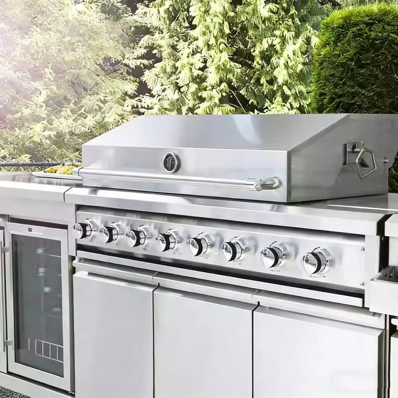 Luxury Modern Patio Grill Extra Large Outdoor Mobile Kitchen Island Workstation Garden Villa Gas Grill Marble Stainless Steel