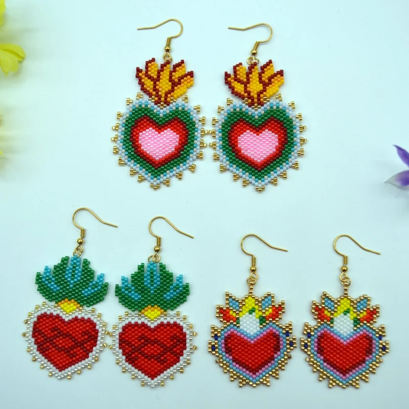 البوهيمي نمط اليد محبوك القلب تصميم الأرز الخرزة أقراط المرأة المألوف بسيط مطرز مجوهرات تنوعا الإكسسوارات