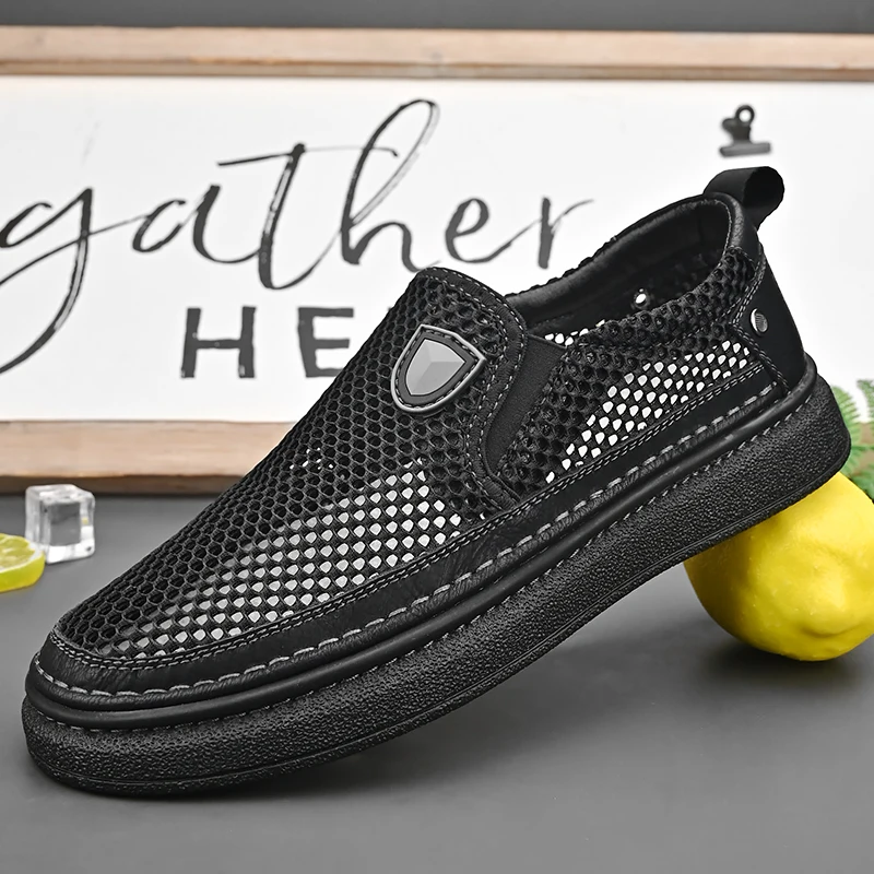 Mesh Breathable Men Shoes Summer Slip On Men Casual Leather Shoes Soft Flats Hot Sale Driving Shoes Breathable waterproof shoes