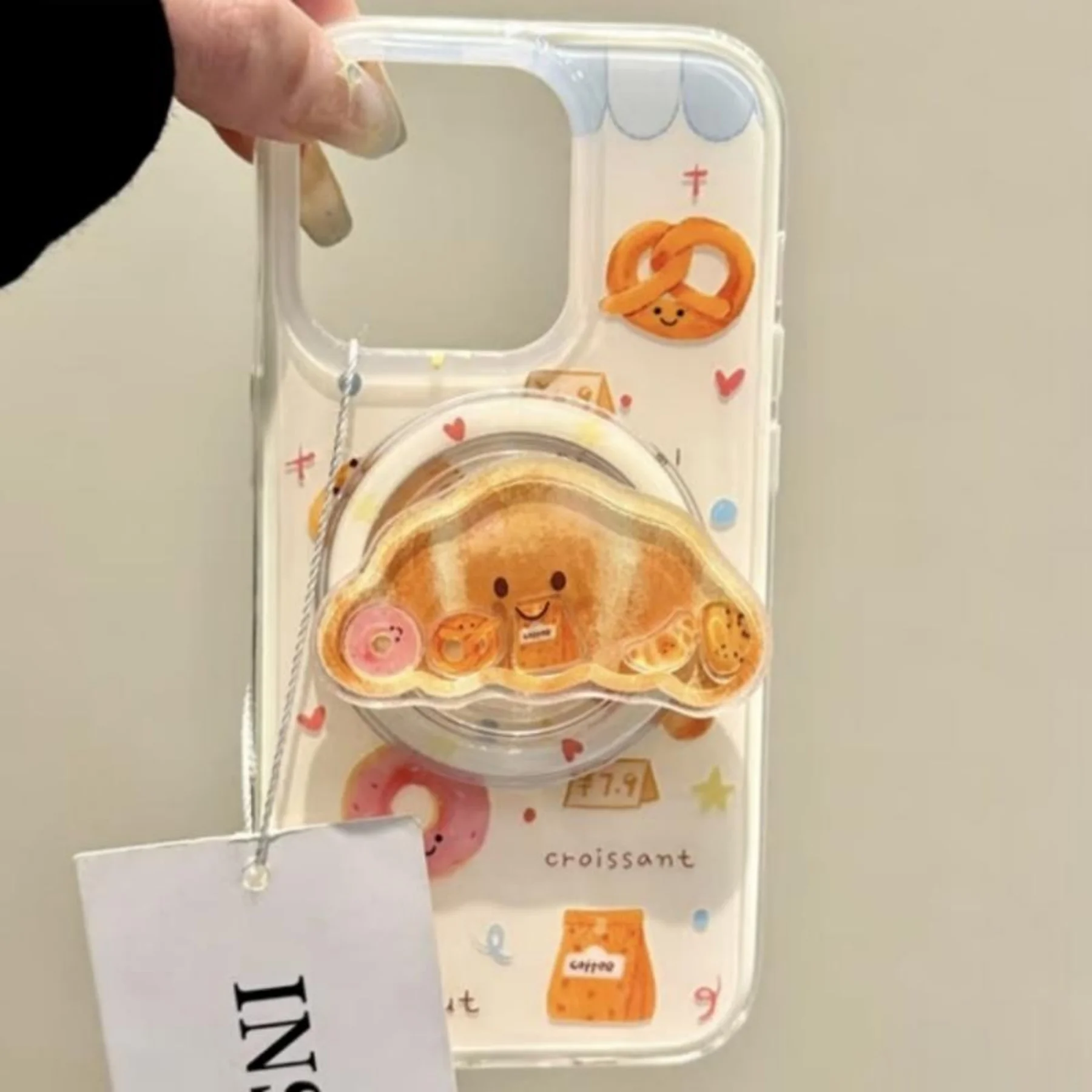 

Ins милый мультяшный круассан для держателя Griptok, подставка для телефона, кольцо на палец, поддержка iPhone 17, чехол Samsung Magsafe Smart Tok