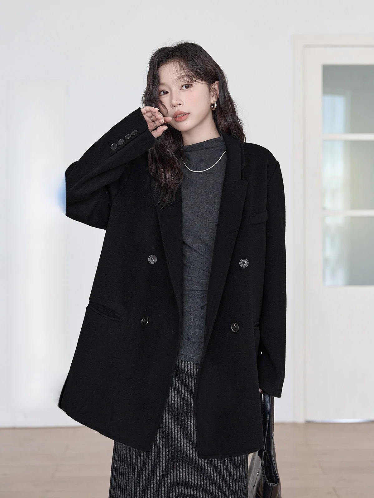 

HuiXi Double-Sided Woolen Coat Women's Bla Sli Versatile Winter Faion High-End Feel Commute Korean Sle Long Sve
