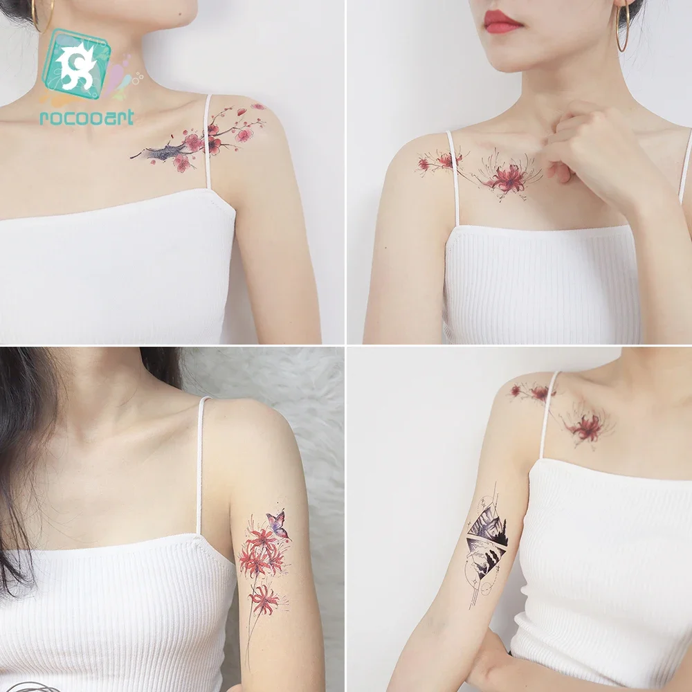 Rocooart Flower Arm Tattoos Lotus Snake Temporary Tattoo Butterfly Stickers For Women Leg Chest Fake Tatoo Waterproof Body Tatto