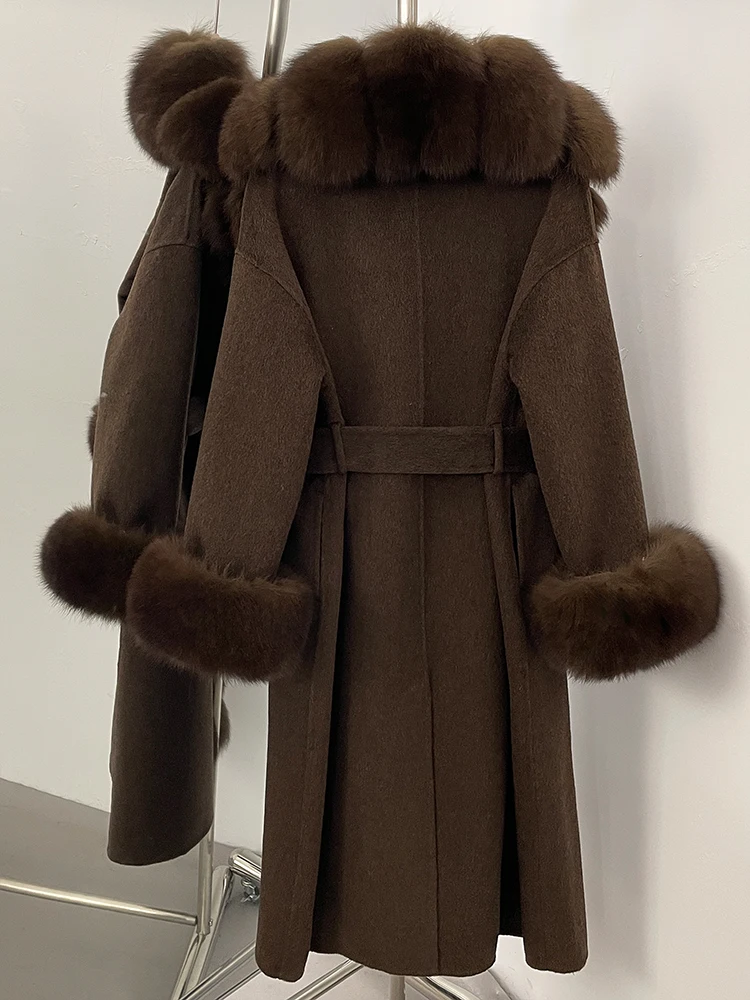 المرأة طويلة كبيرة الثعلب الفراء Pinnacle 100% معطف الصوف 2025 جديد الخريف الشتاء ClothesFemale حزام الفراء الطبيعي طوق سترة صوفية #1