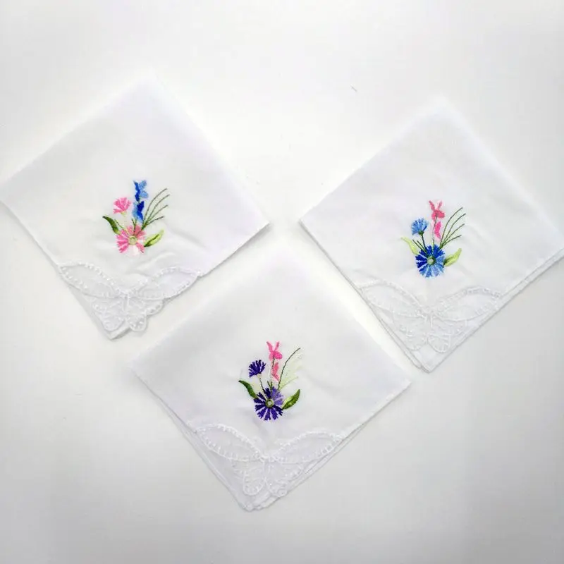 3Pcs/Set Women Basic White Square Handkerchief Floral Embroidered Pocket Hanky B