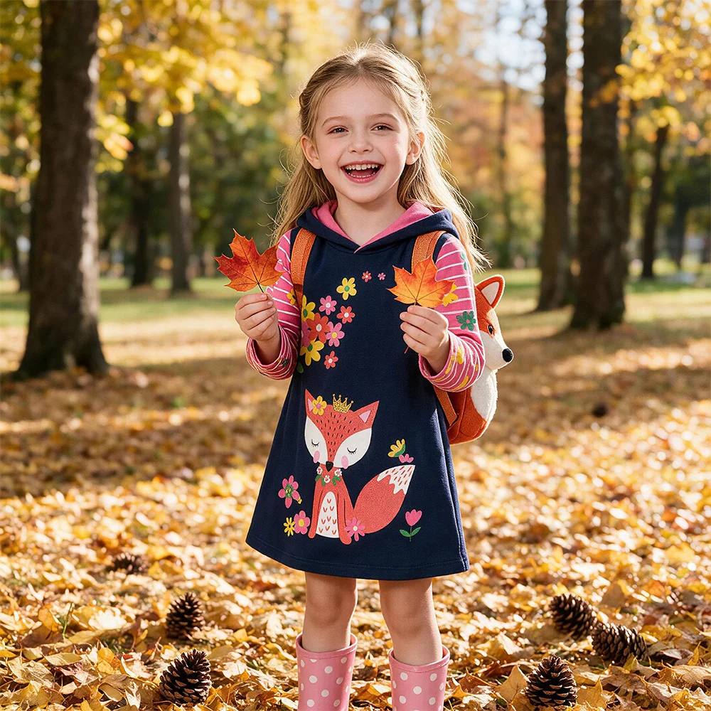 Toddlers Hooded Dress Kids Fox Floral Crown Print Long Sleeve Striped Casual Sweatshirt Dress Kids Fall Pullover Casual Outfits