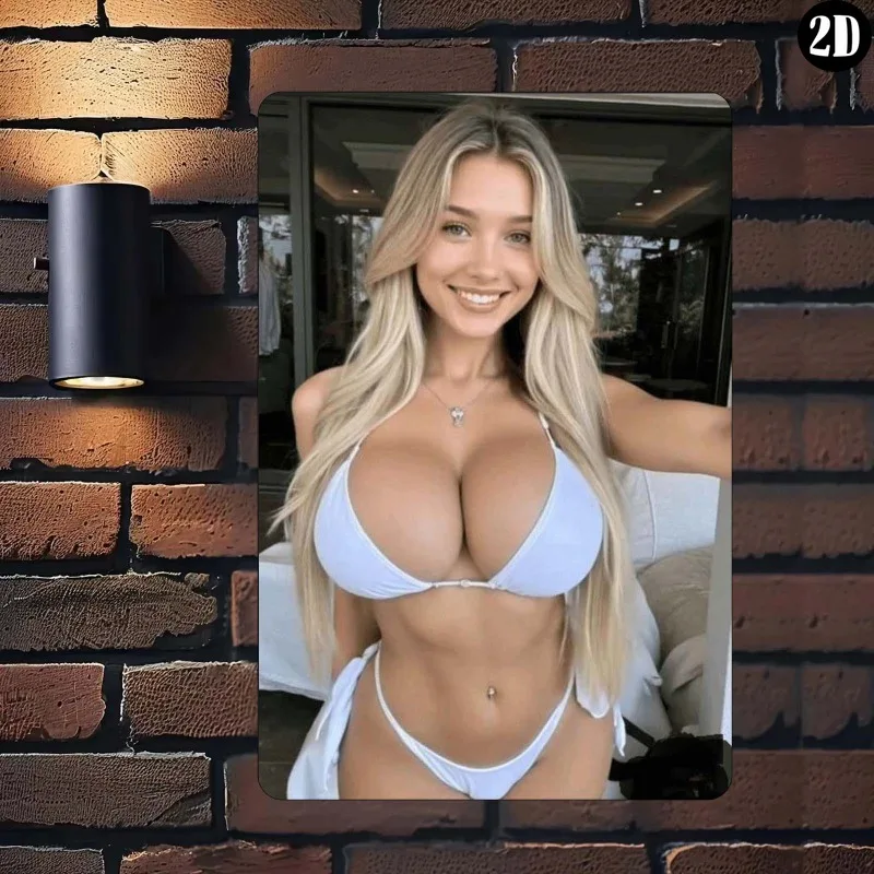 Retro-Metallblechschild, Aufdruck einer blonden Frau im weißen Bikini, Wanddekoration im Sommer-Strand-Stil für Zuhause, Schlafzimmer, Badezimmer