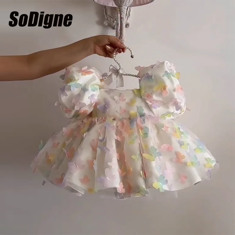 SoDigne A-line Short Flower Girl Dress Square Collar Short Sleeves Girl Communion Dresses Children's Birthday Gowns Customized
