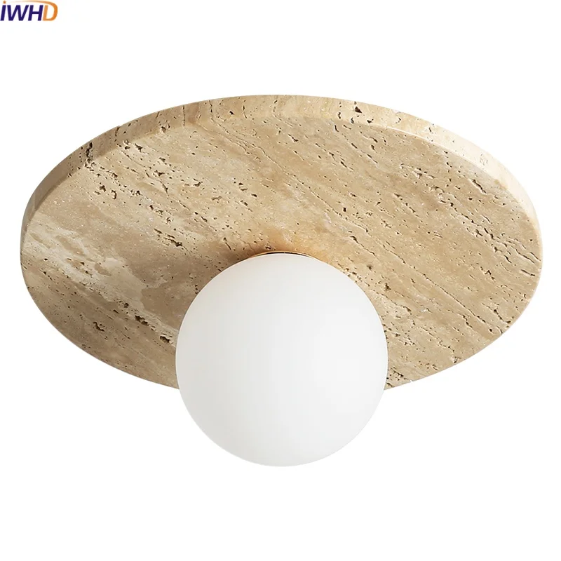 

IWHD Nordic Modern LED Ceiling Lamp Glass Stone Balcony Porch Living Room Light Indoor Lighting Yellow Travertine Art Decor