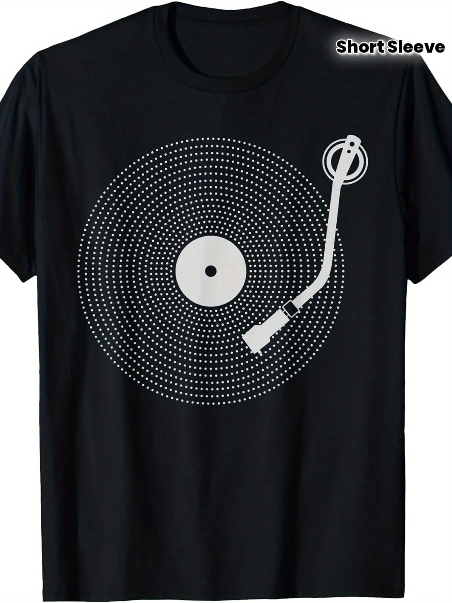 Men'S Vintage Vinyl Record Pattern T-Shirt - Music Note And Wave Print, Soft And Breathable Short-Sleeve Crew Neck T-Shirt, Suitable for Casual Daily Wear, All-Season Wear, Gift for Music Lovers, Durable Heat-Transferred Design (Regular Fit)