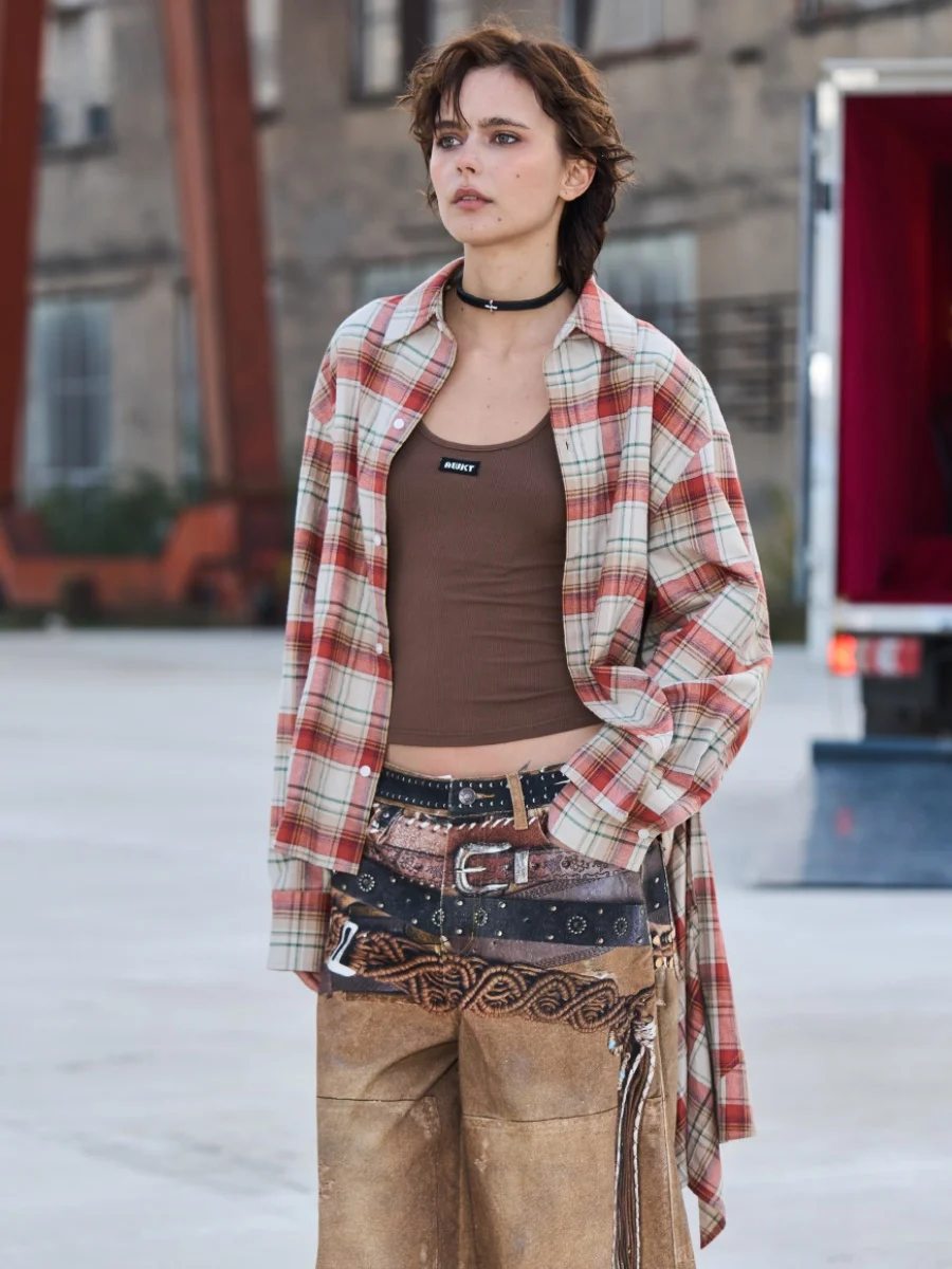 

AWOKENTIME Длинная хлопковая фланелевая рубашка свободного кроя в полоску с асимметричным завязыванием, женская повседневная износостойкая утепленная зимняя модная одежда