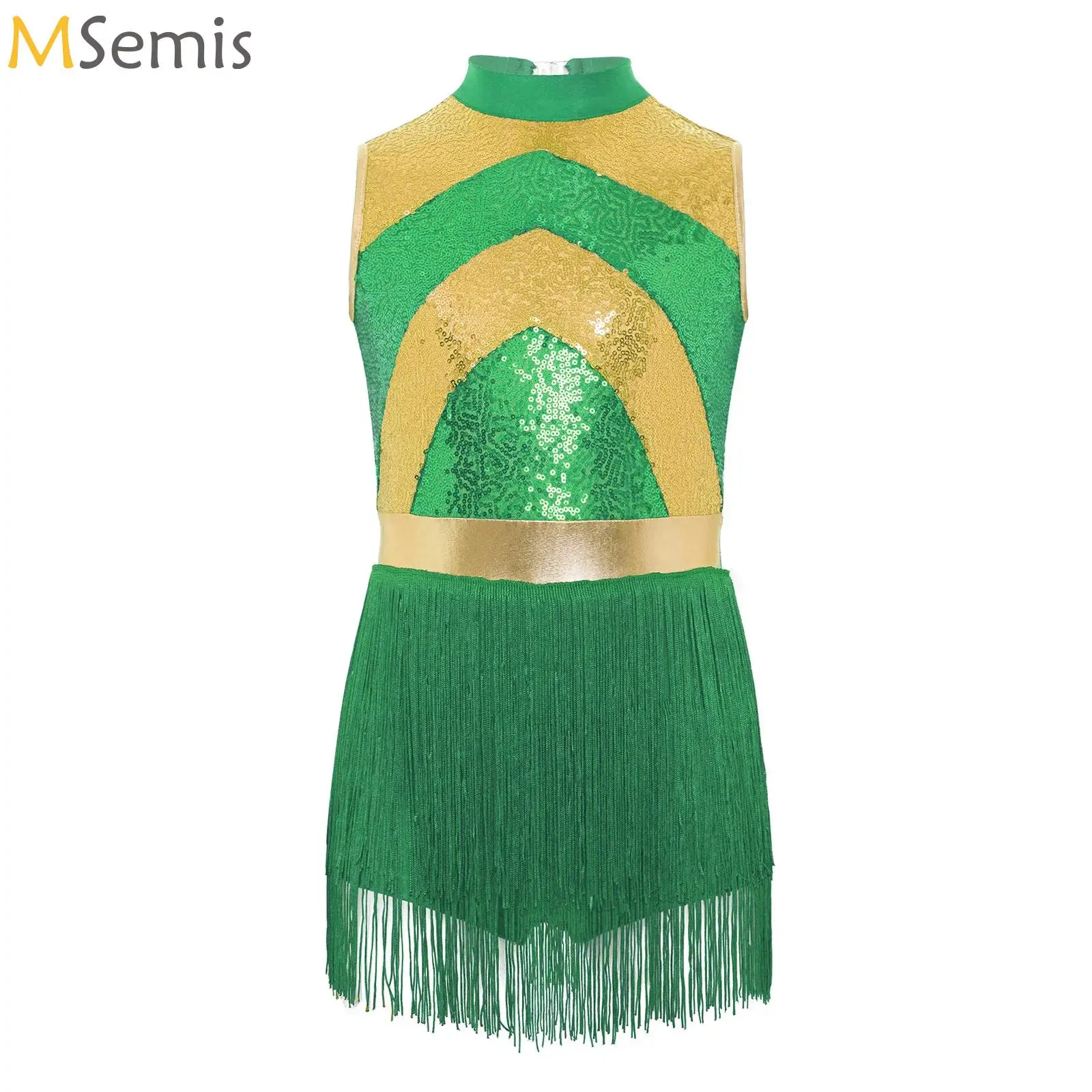 

Latin Dance Performance Dress Costume for Girls Shiny Sequins Tassel Hem Modern Jazz Dancewear Ballet Leotard Skating Dancing