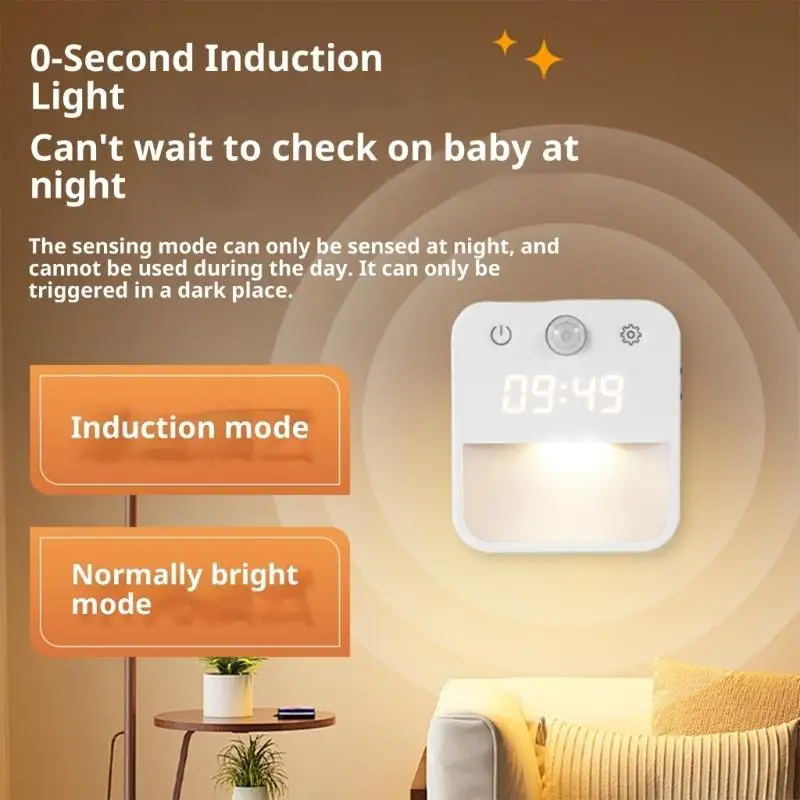 

Автоматический ночник с датчиком движения, настенный светильник с часами, 3 регулируемых цветовых температуры, беспроводной ночник для спальни